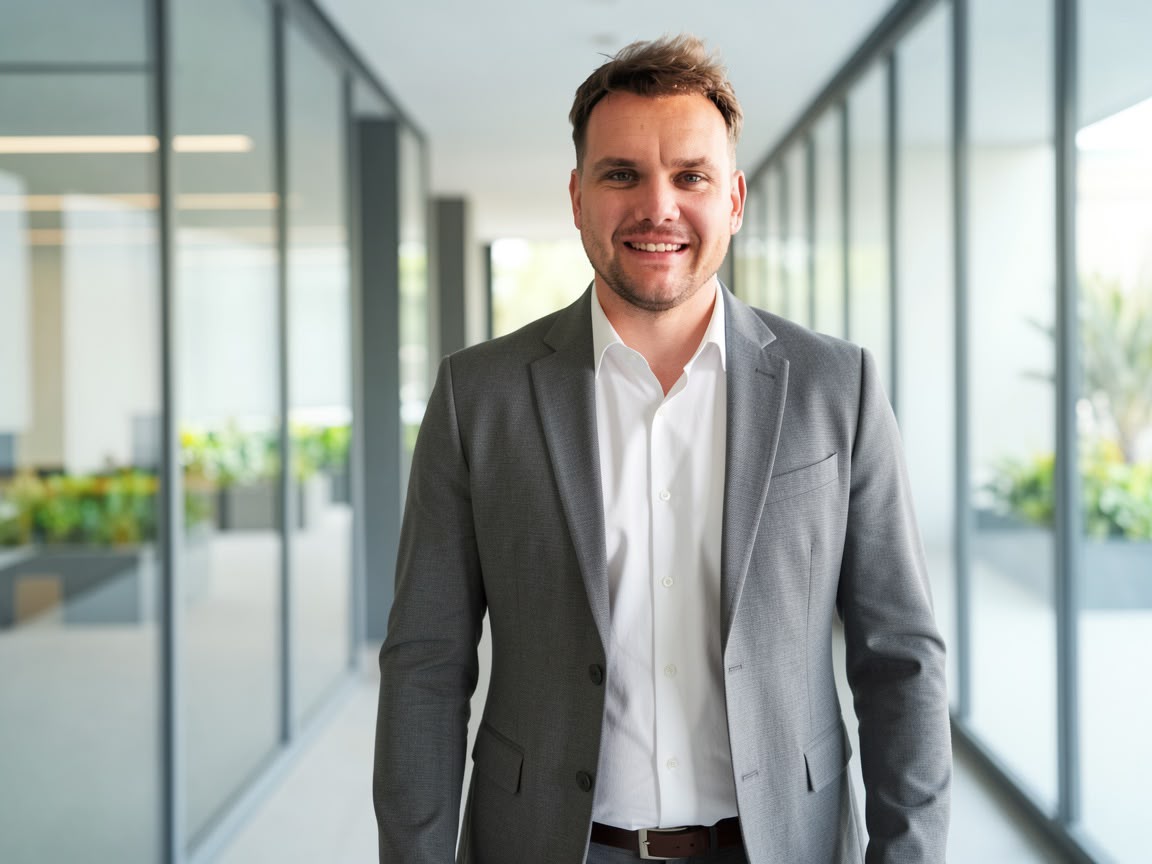 Kevin Simon im grauen Blazer in einem modernen Glasflur